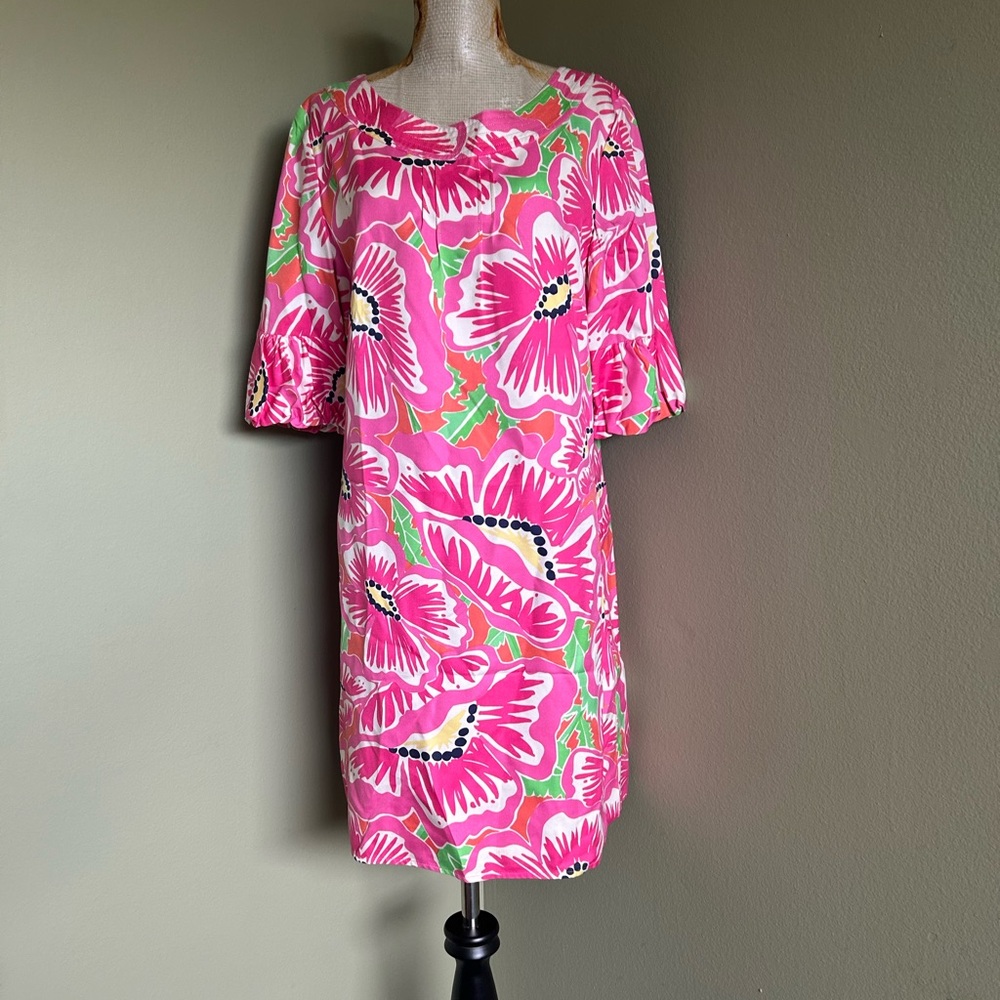Lilly Pulitzer Silk Pink and Green Floral 3/4 Sleeve Tunic Dress Top Sz - Picture 5 of 10